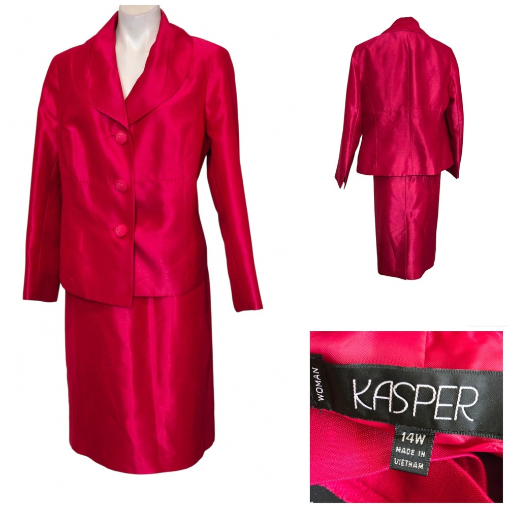 Kasper Woman Pink 2 Piece Skirt Suit Set Blazer Shawl Collar Size 14W Fuchsia